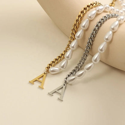 Half Pearl Half Chain Initial Necklace