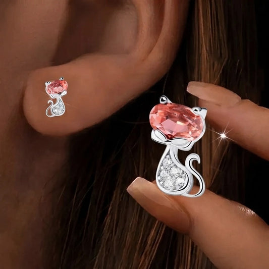 Peach Zircon Cat Stud Earrings