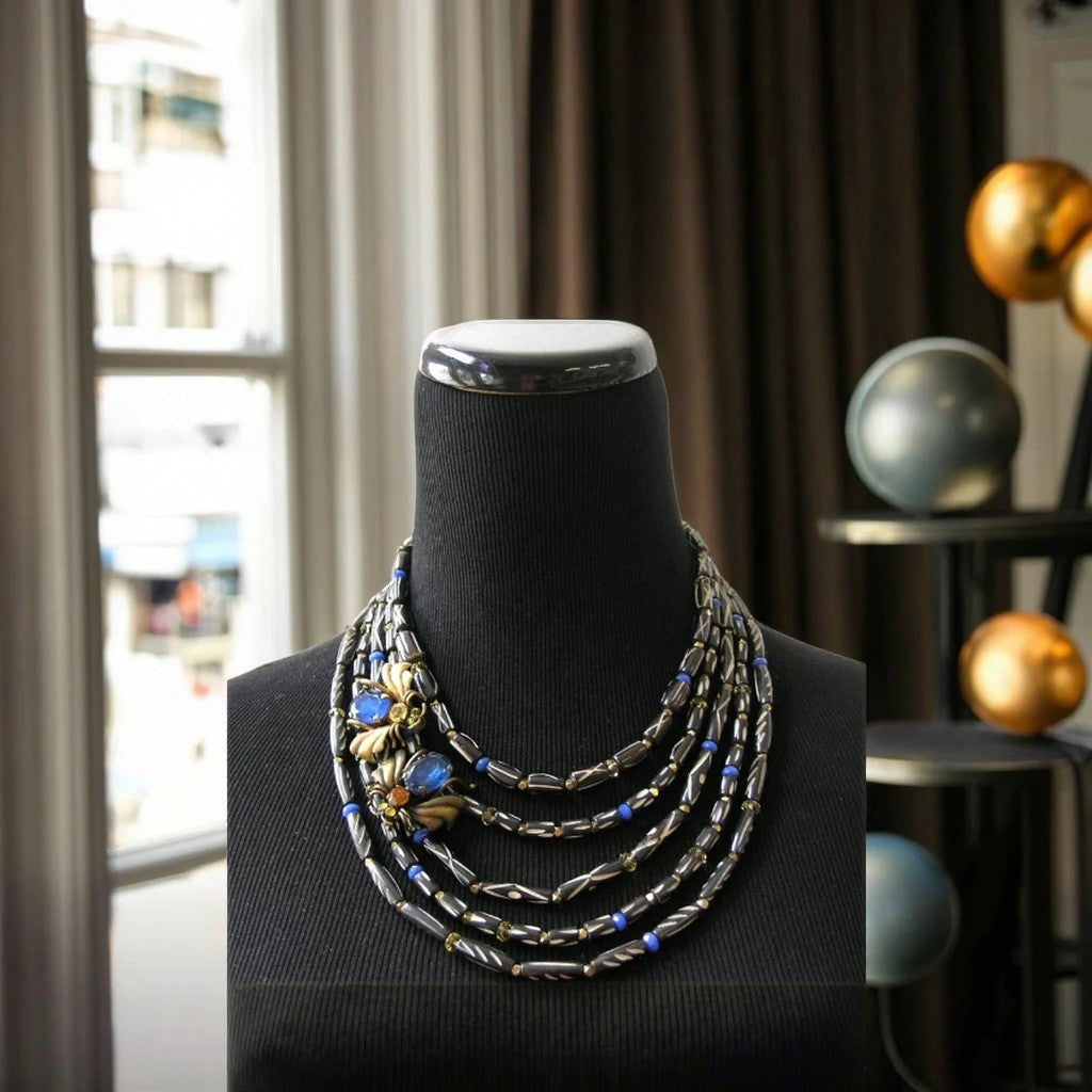 Black Bead Floral Statement Necklace