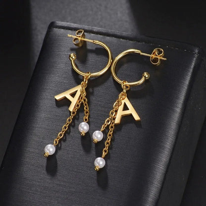 Initial Pearl Chain Drop Earrings