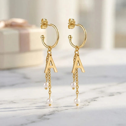 Initial Pearl Chain Drop Earrings