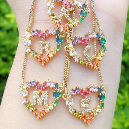 Rainbow Zircon Heart Initial Necklace