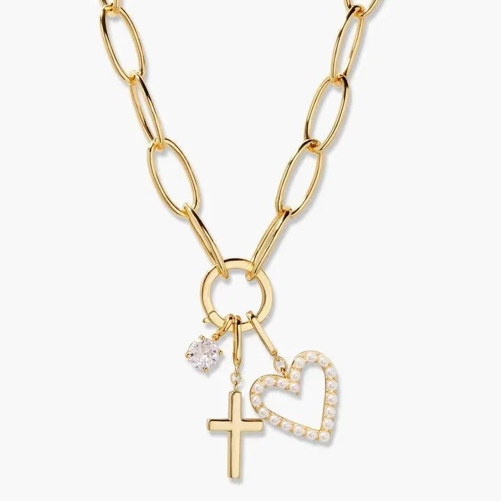 Pearl Heart & Cross Charm Necklace