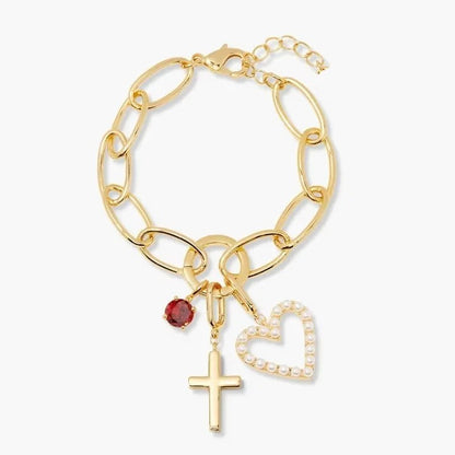 Pearl Heart & Cross Charm Necklace