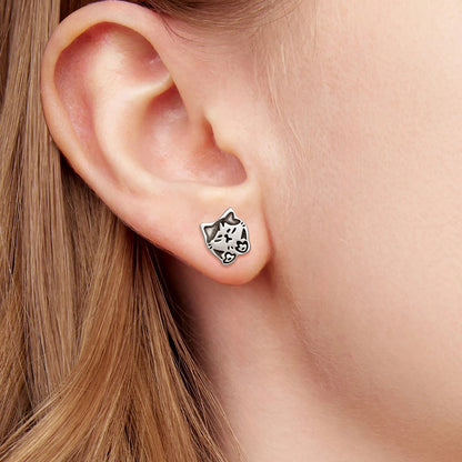 Oxidized Cat Face Stud Earrings
