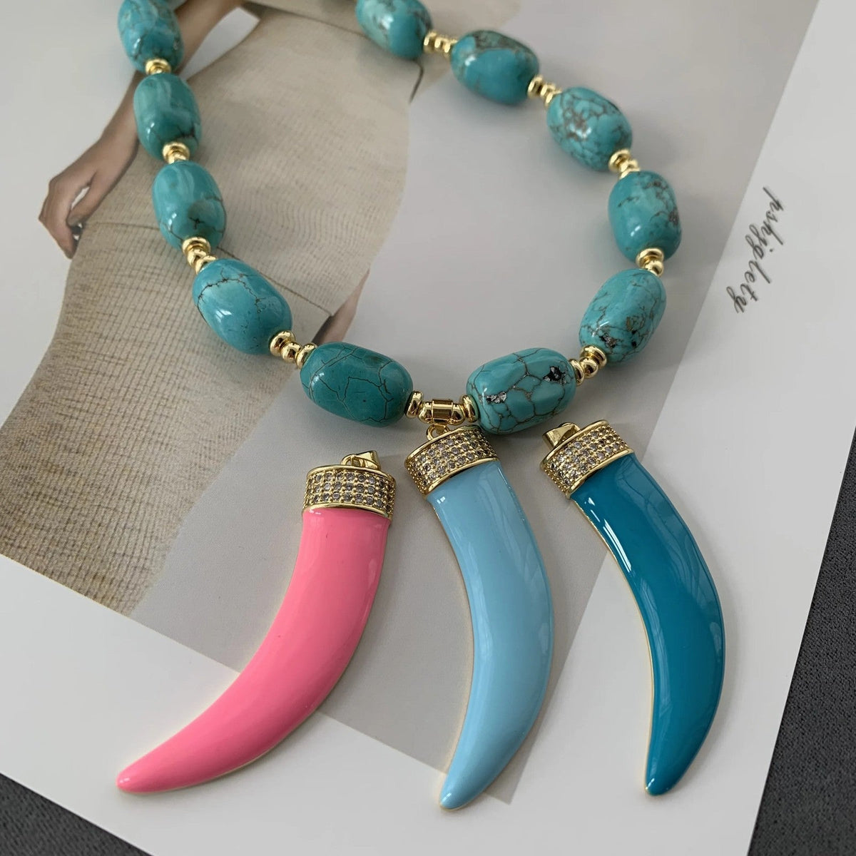 Turquoise Bead Triple Horn Necklace