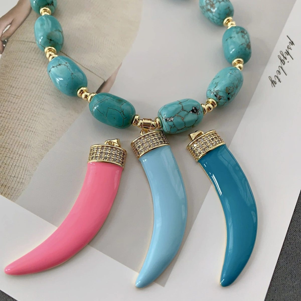 Turquoise Bead Triple Horn Necklace