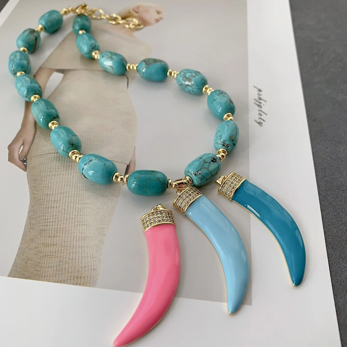 Turquoise Bead Triple Horn Necklace