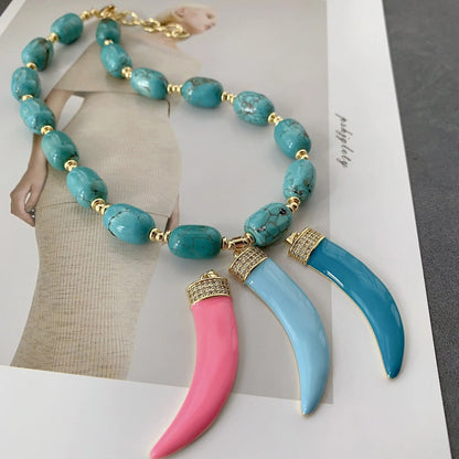 Turquoise Bead Triple Horn Necklace