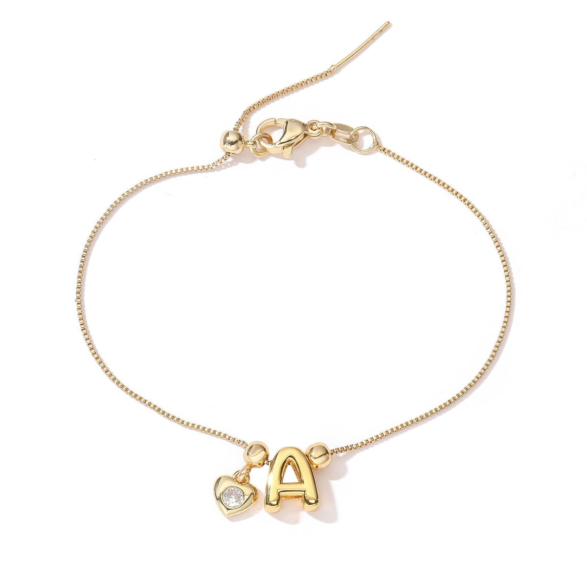 Zircon Heart Initial Box Chain Bracelet