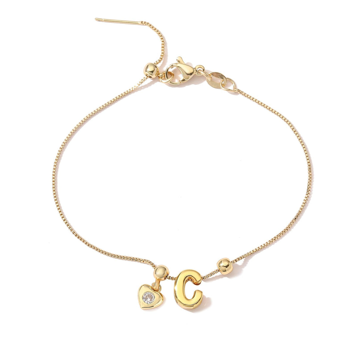 Zircon Heart Initial Box Chain Bracelet