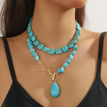 Turquoise Square & Teardrop Layered Necklace