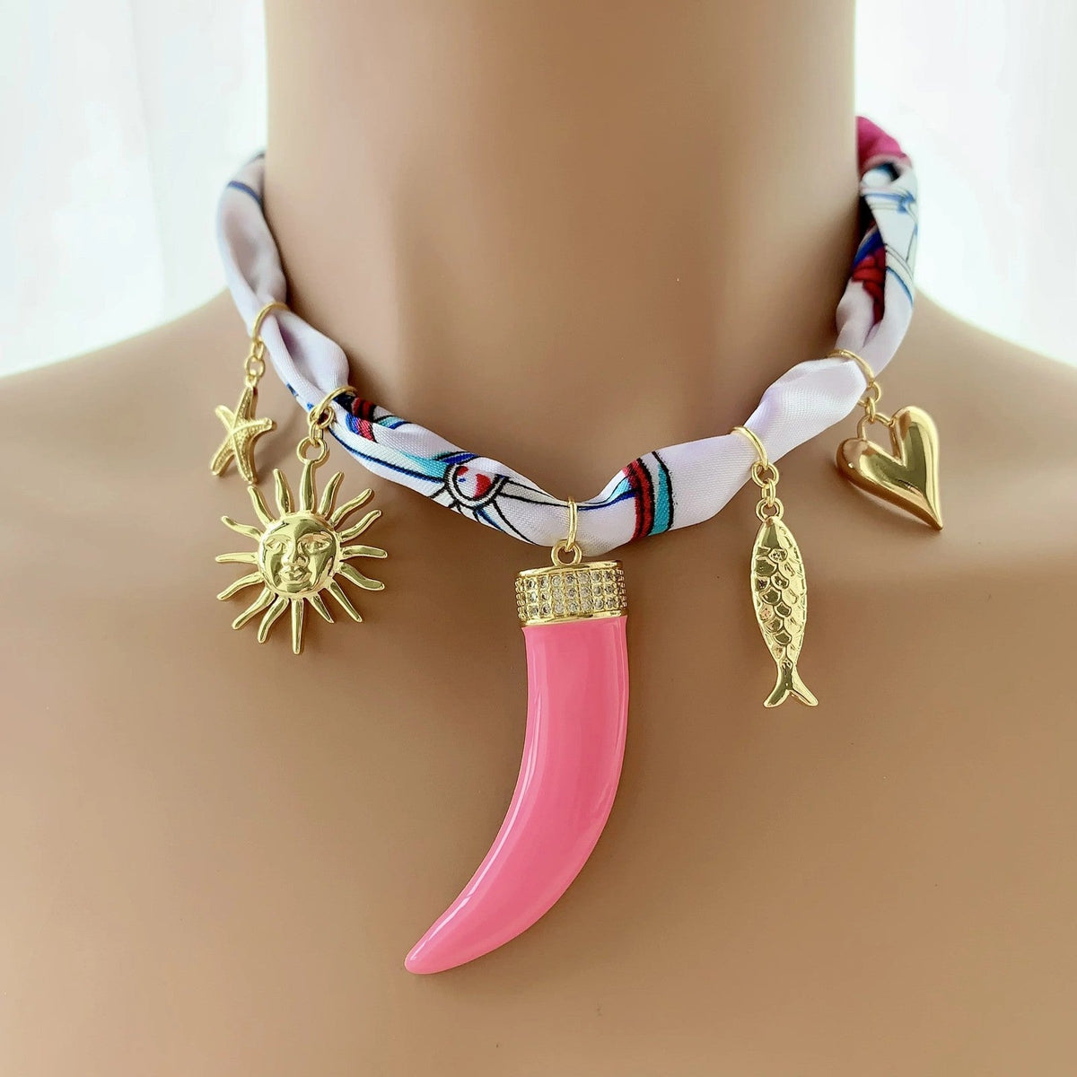 Pink Horn Scarf Choker Necklace