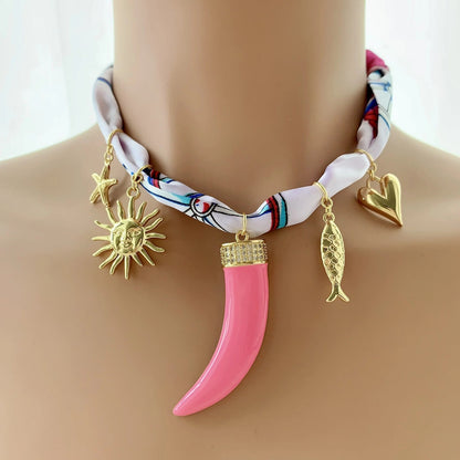 Pink Horn Scarf Choker Necklace