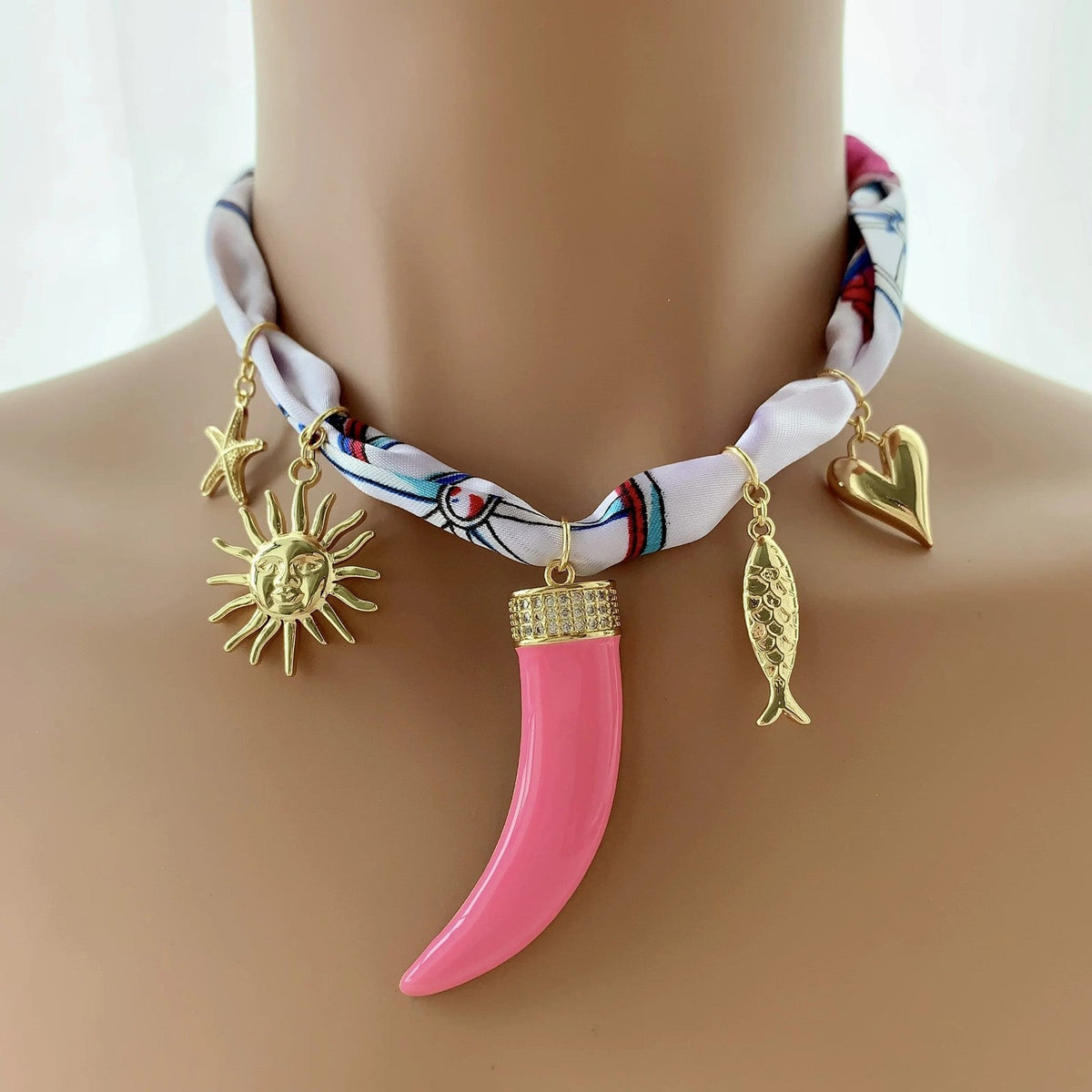Pink Horn Scarf Choker Necklace
