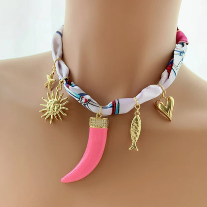 Pink Horn Scarf Choker Necklace