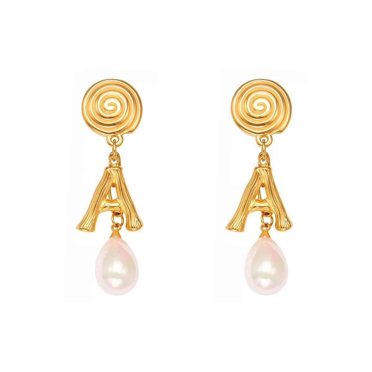 Spiral Initial A Pearl Drop Earrings