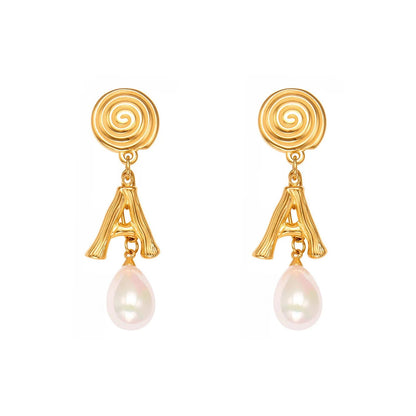 Spiral Initial A Pearl Drop Earrings