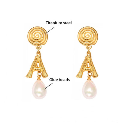 Spiral Initial A Pearl Drop Earrings