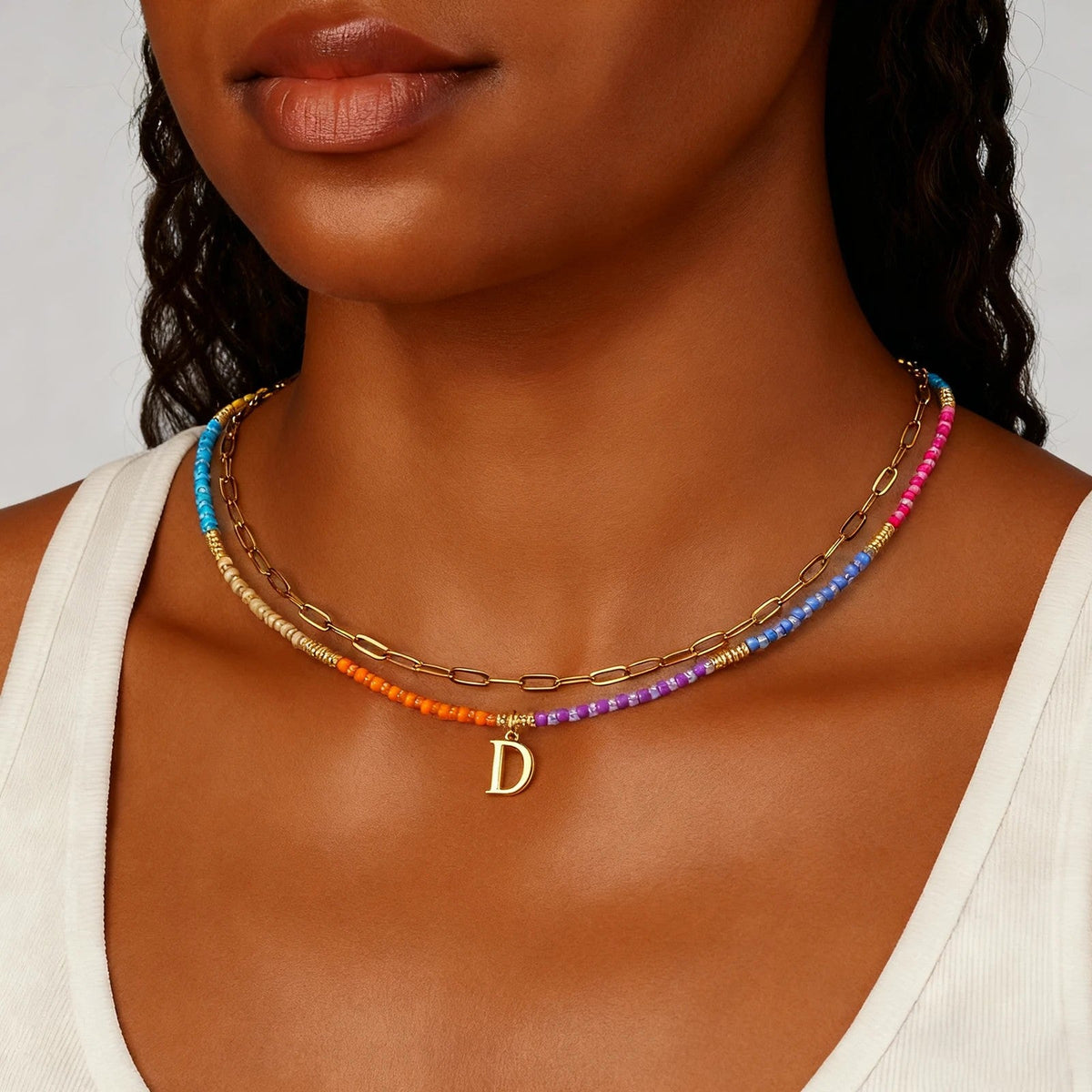 Colorful Beaded Initial Link Necklace