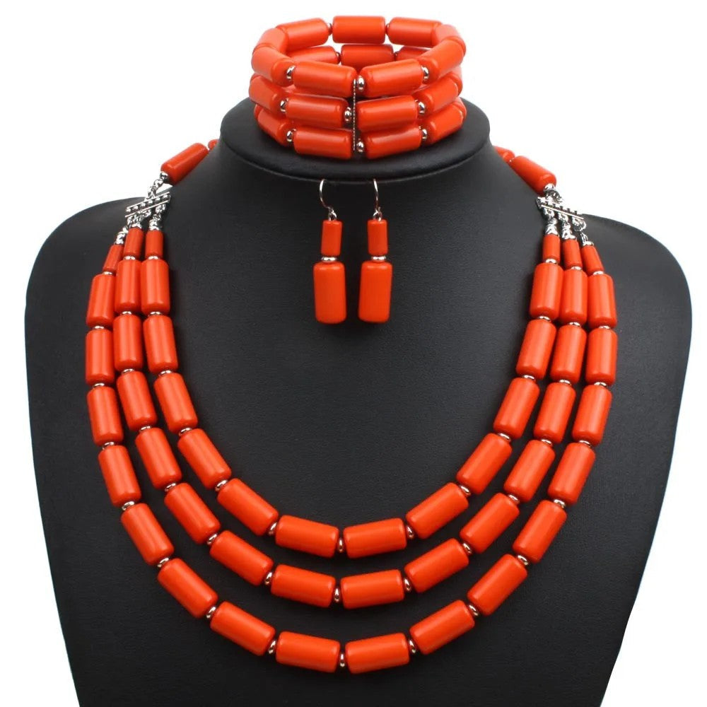 Orange Tube Bead Jewelry Set