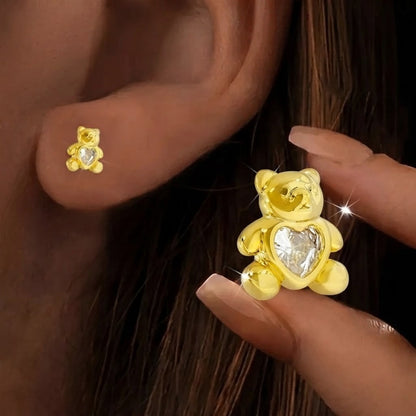 Heart Bear Zircon Stud Earrings