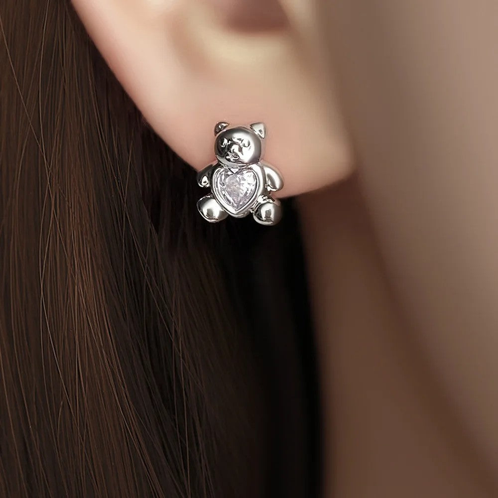 Heart Bear Zircon Stud Earrings