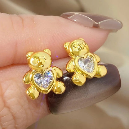 Heart Bear Zircon Stud Earrings
