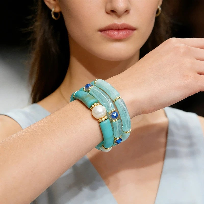 Sea Glass & Pearl Stackable Bracelet Set