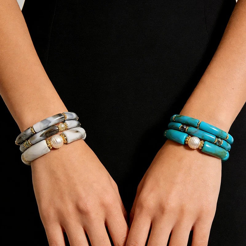 Sea Glass & Pearl Stackable Bracelet Set