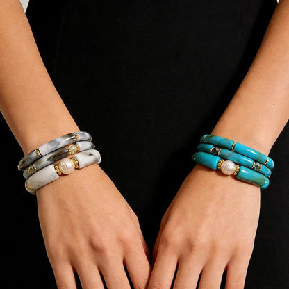 Sea Glass & Pearl Stackable Bracelet Set