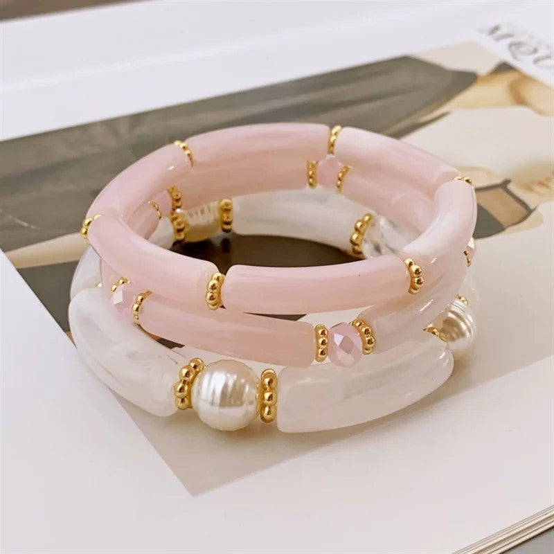 Sea Glass & Pearl Stackable Bracelet Set