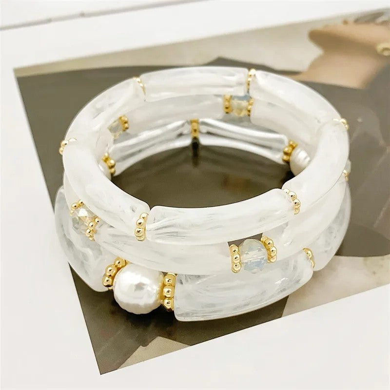 Sea Glass & Pearl Stackable Bracelet Set