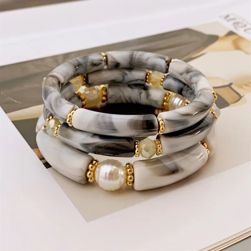 Sea Glass & Pearl Stackable Bracelet Set