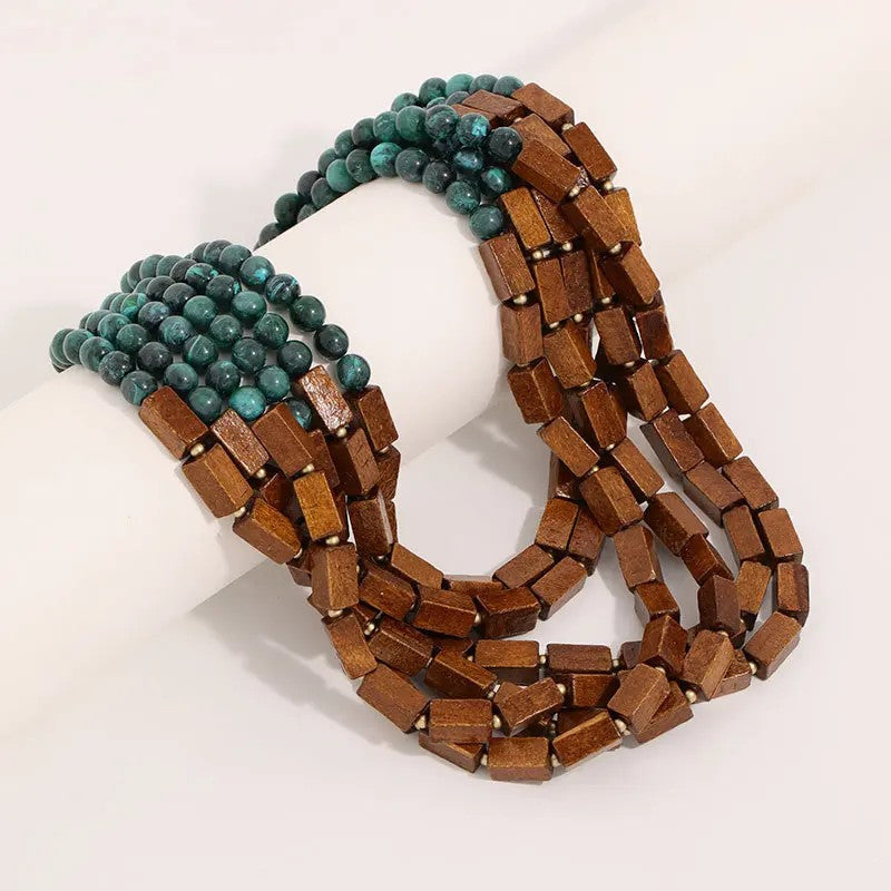 Wooden Block & Teal Bead Layered Necklace