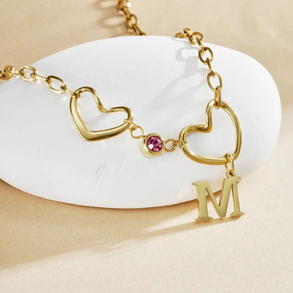 Double Heart Initial Birthstone Necklace