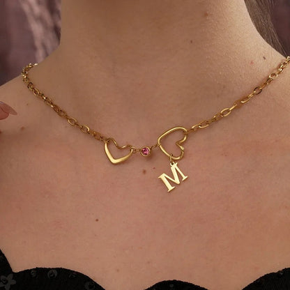 Double Heart Initial Birthstone Necklace