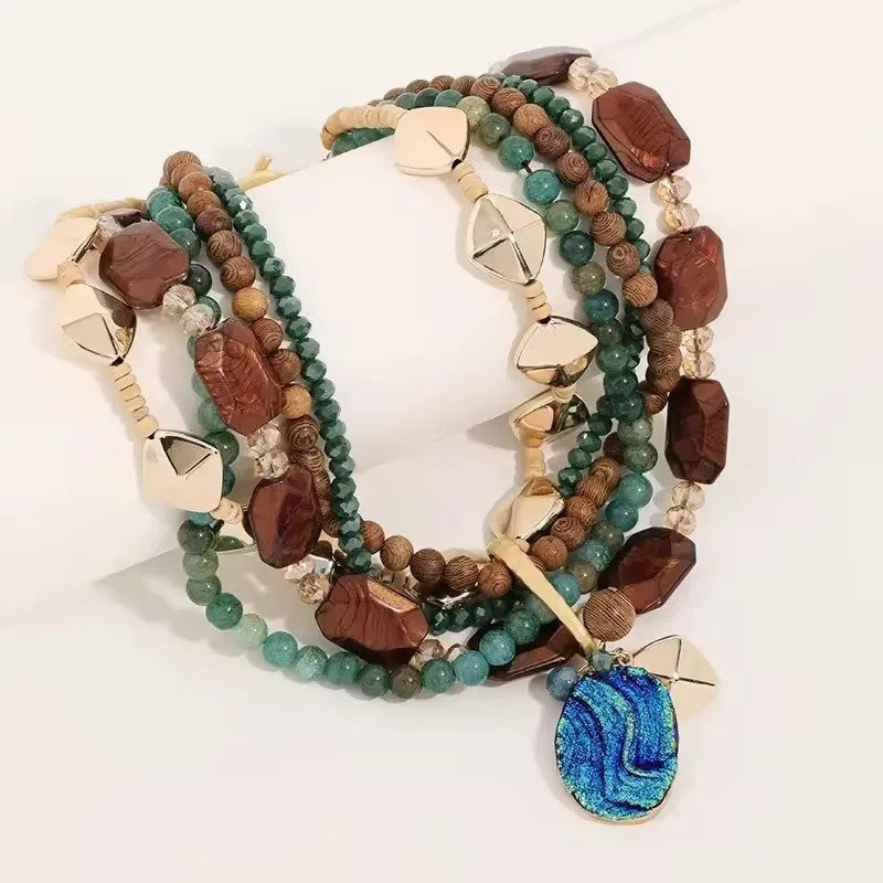 Layered Teal & Wood Bead Necklace