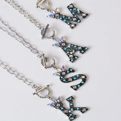 Antique Silver Crystal Initial Necklace