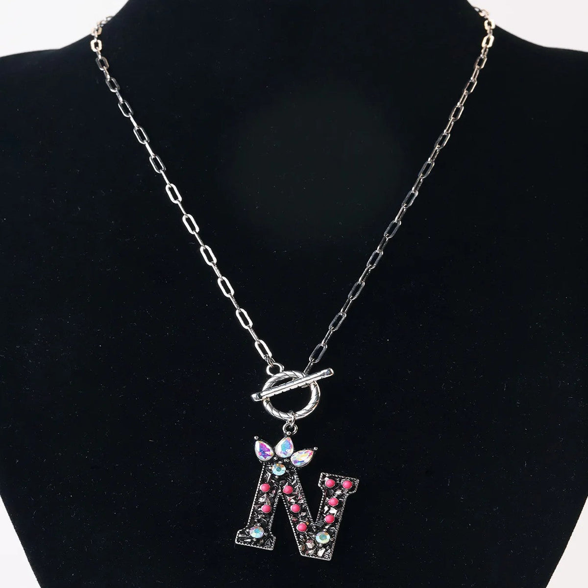 Antique Silver Crystal Initial Necklace