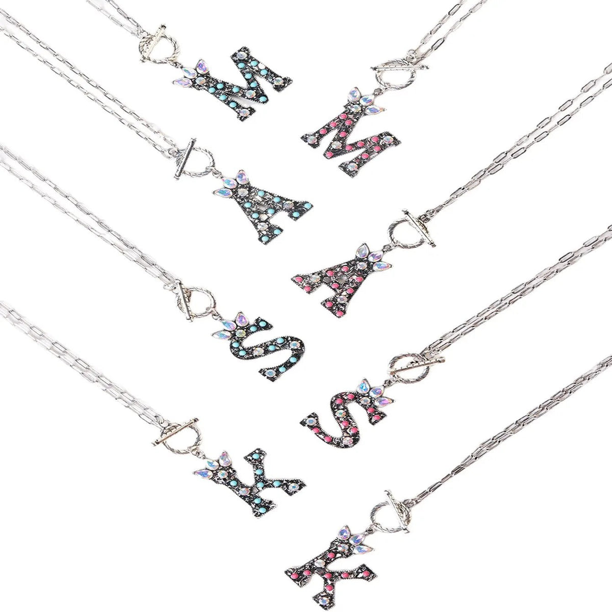 Antique Silver Crystal Initial Necklace
