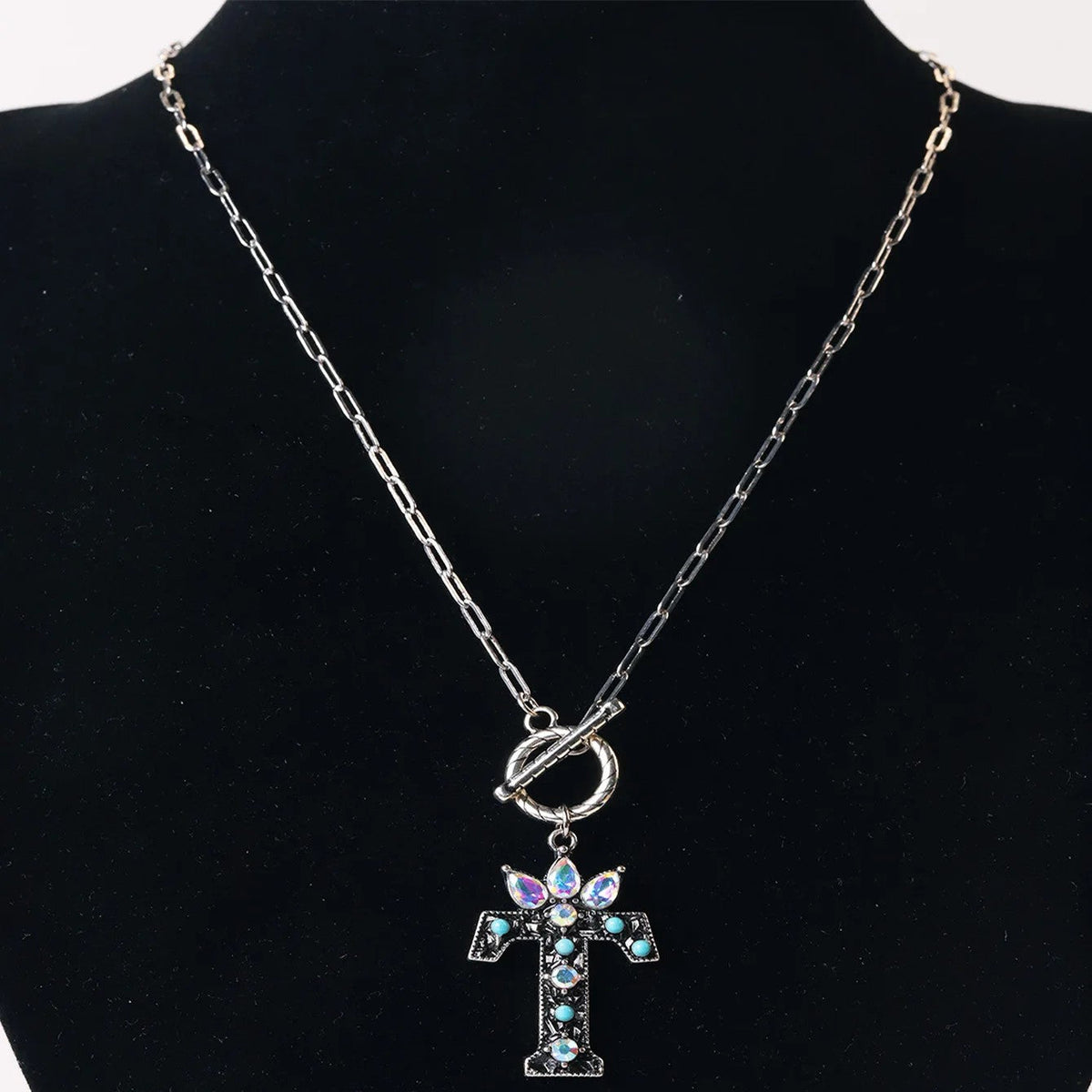 Antique Silver Crystal Initial Necklace