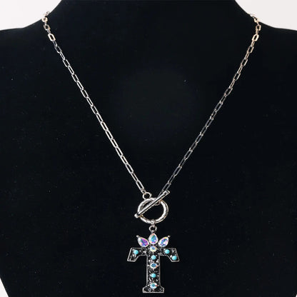 Antique Silver Crystal Initial Necklace