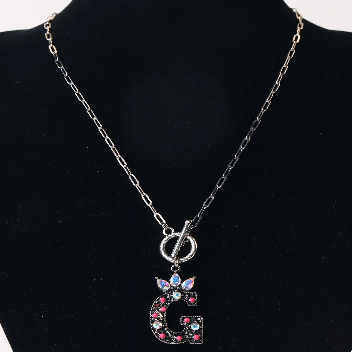 Antique Silver Crystal Initial Necklace