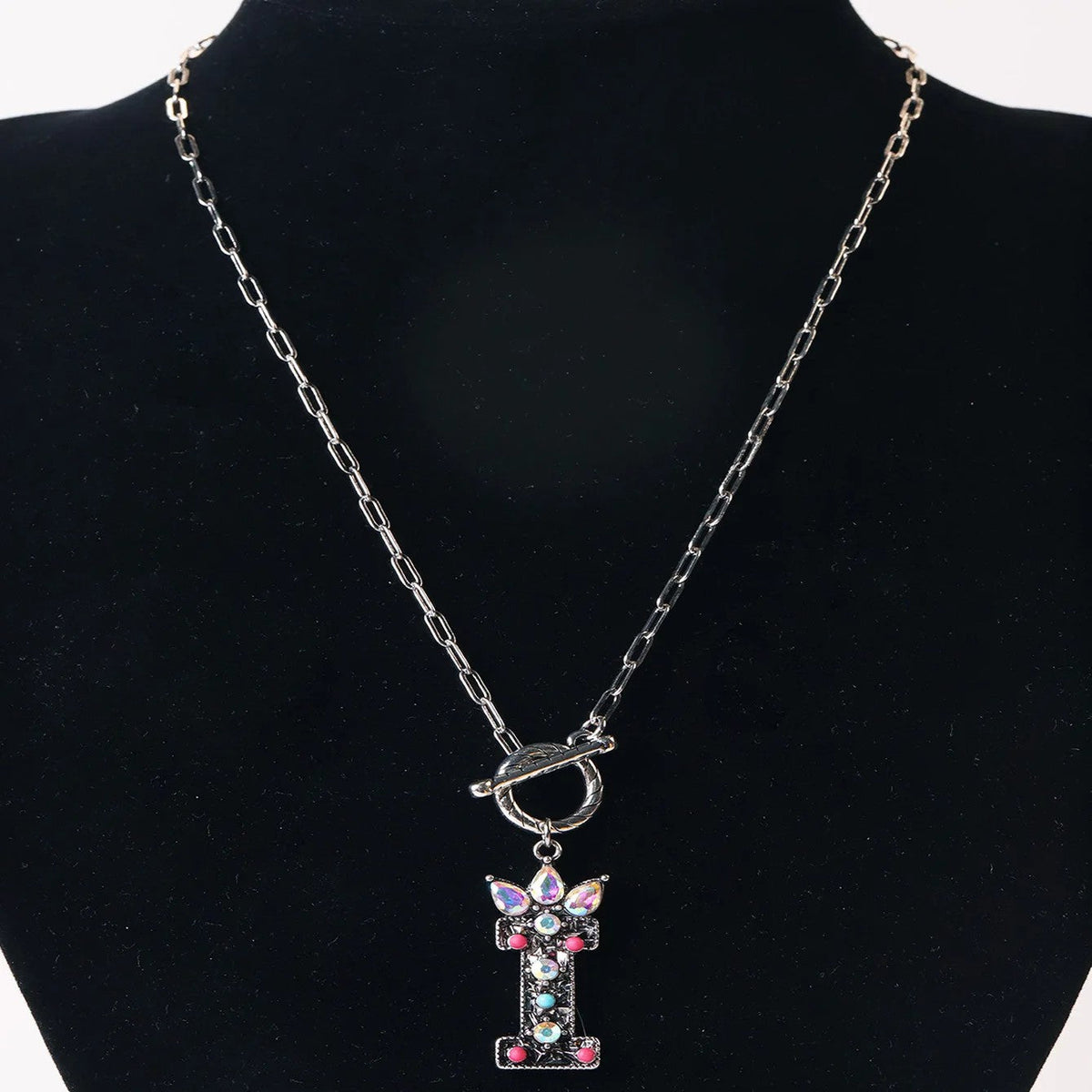 Antique Silver Crystal Initial Necklace