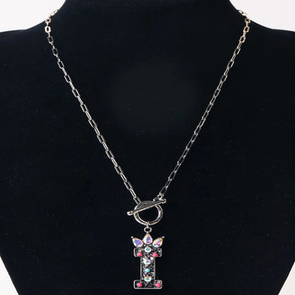 Antique Silver Crystal Initial Necklace