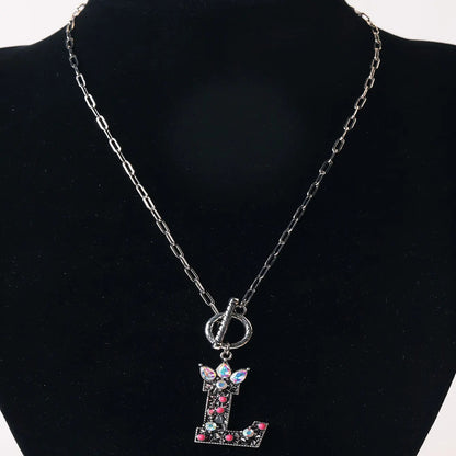 Antique Silver Crystal Initial Necklace