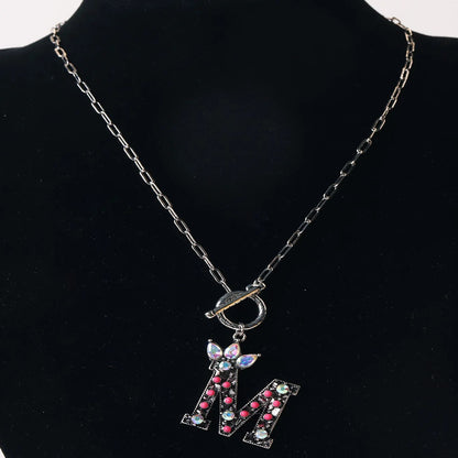 Antique Silver Crystal Initial Necklace