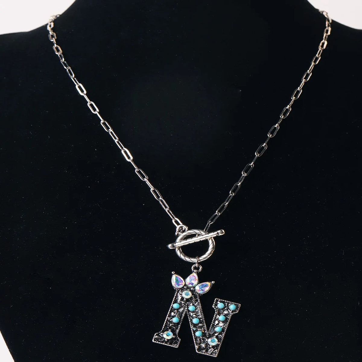 Antique Silver Crystal Initial Necklace