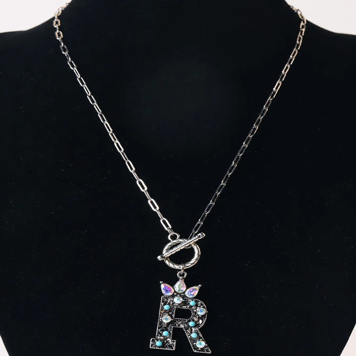 Antique Silver Crystal Initial Necklace